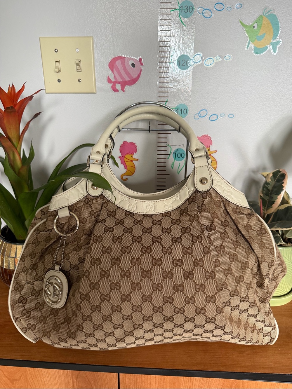 Gucci Brown/Beige GG Canvas Tote with Cream Leather Trim